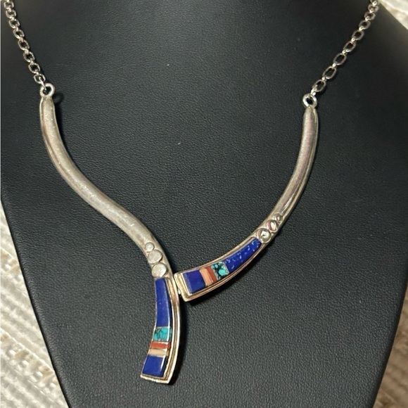 Vintage Sterling Silver Native American Signed Inlay  Vintage Native American style inlay gemstone bib necklace signed stamped.